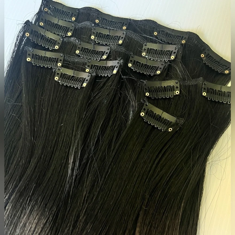Human hair blend 24 In Long Black hair Extensions in straight Hair Clip in set